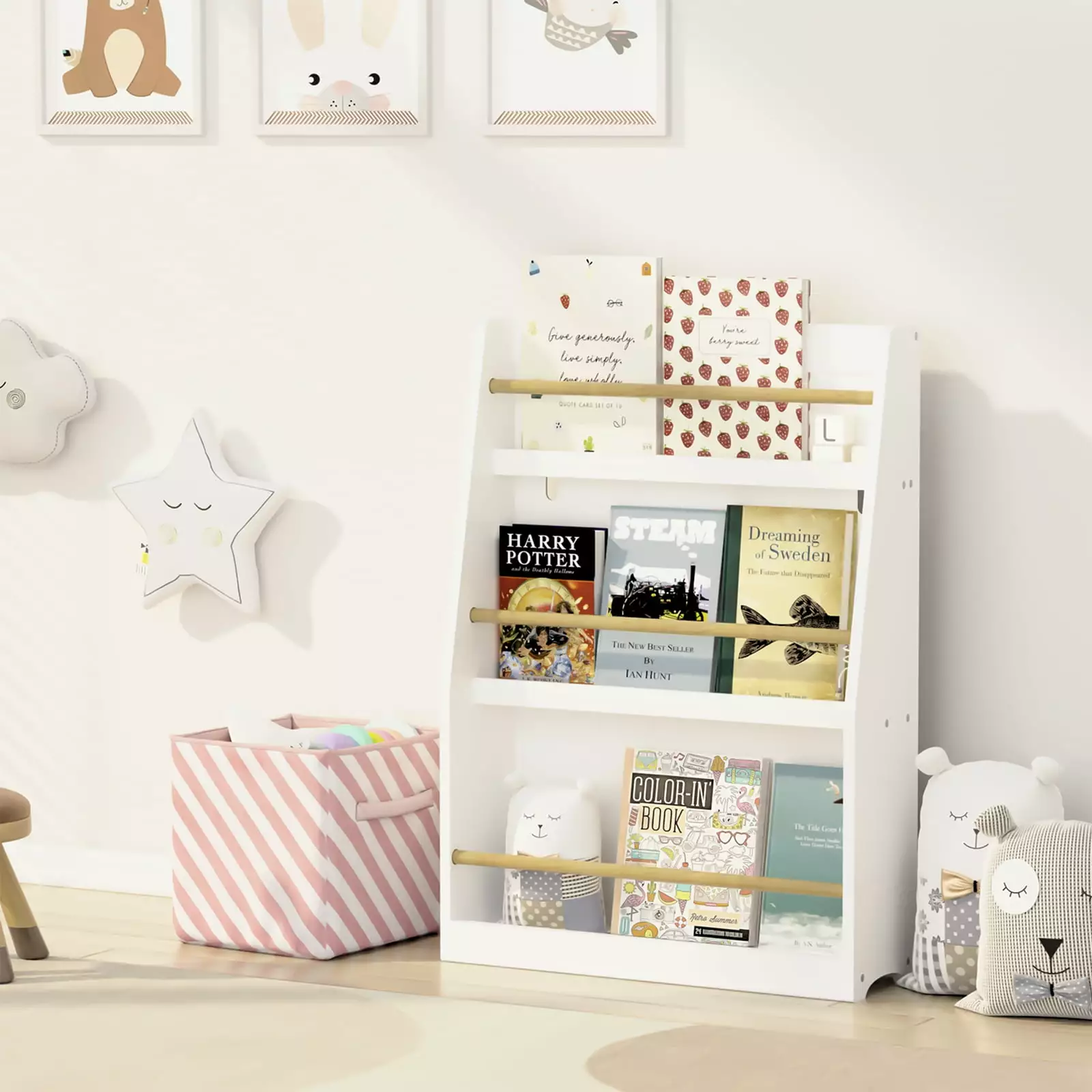 Kids Bookshelf 3-Tier Wooden Bookcase Storage Bedroom Study axezoom