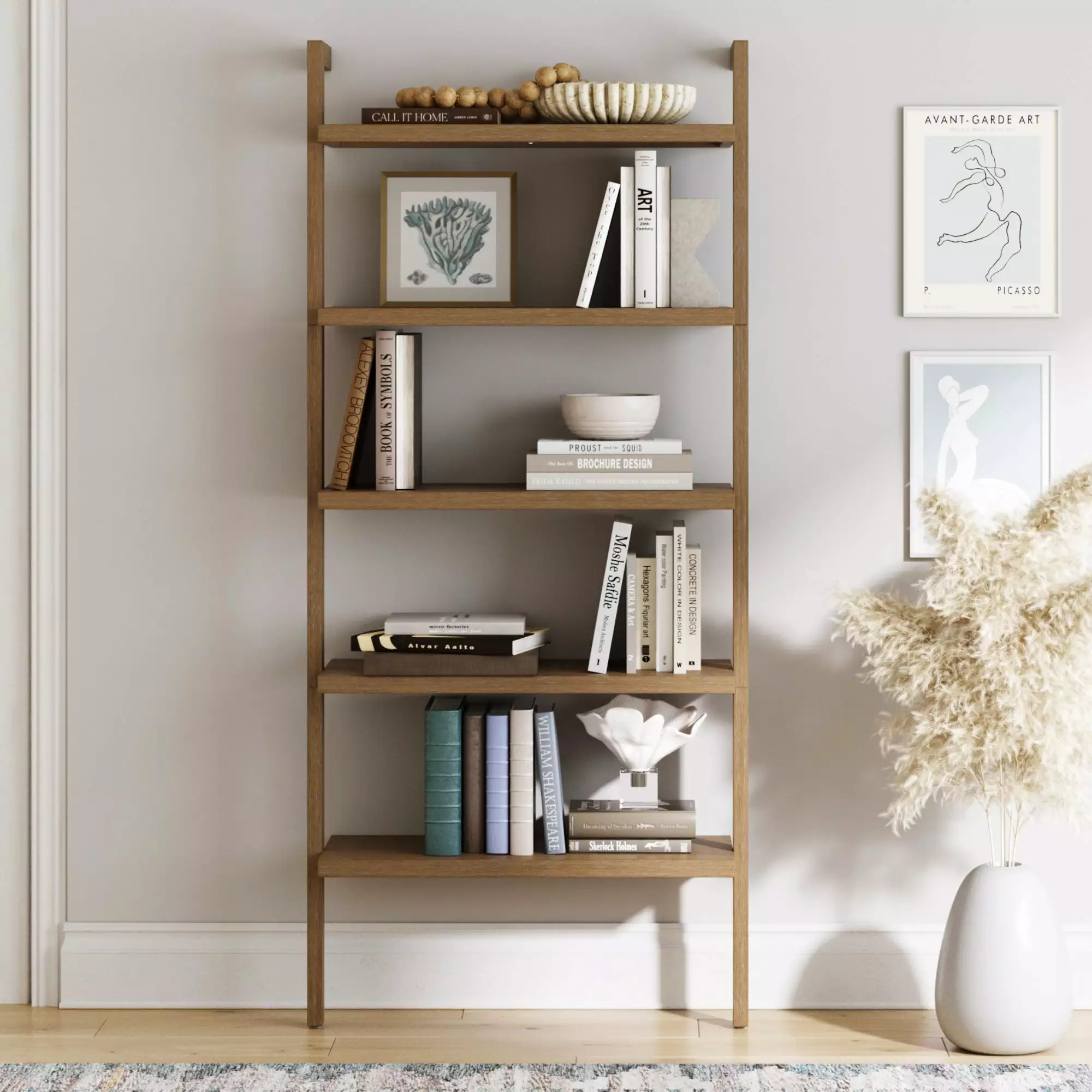 Nathan James Beacon 5 Tier Wall Mounted Bookshelf Wire Brushed Finish - Boho Rustic