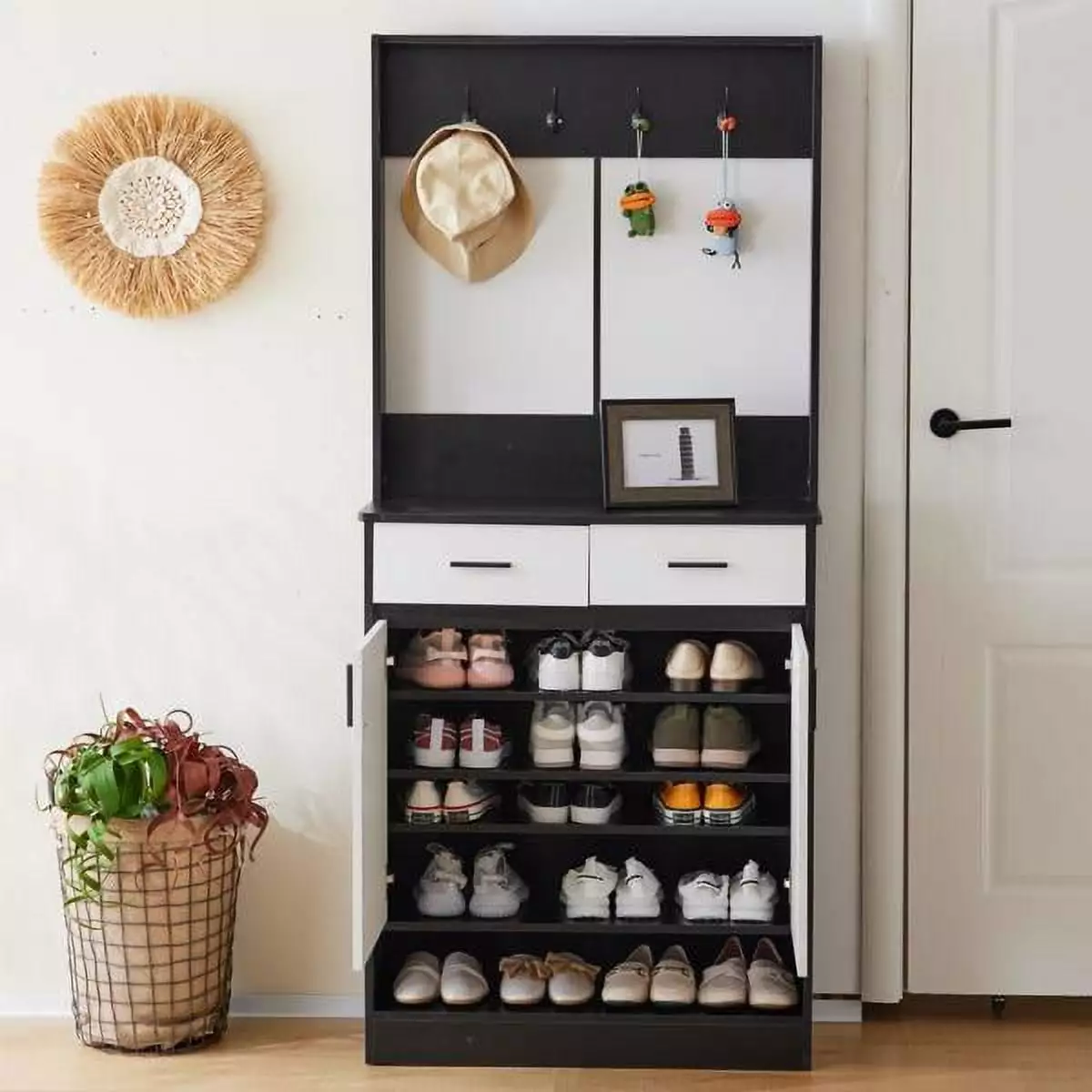 Entryway Bedroom Armoire Shoe Cabinet Wardrobe Drawers Shelves and Hanging Rod White and Black YTTX