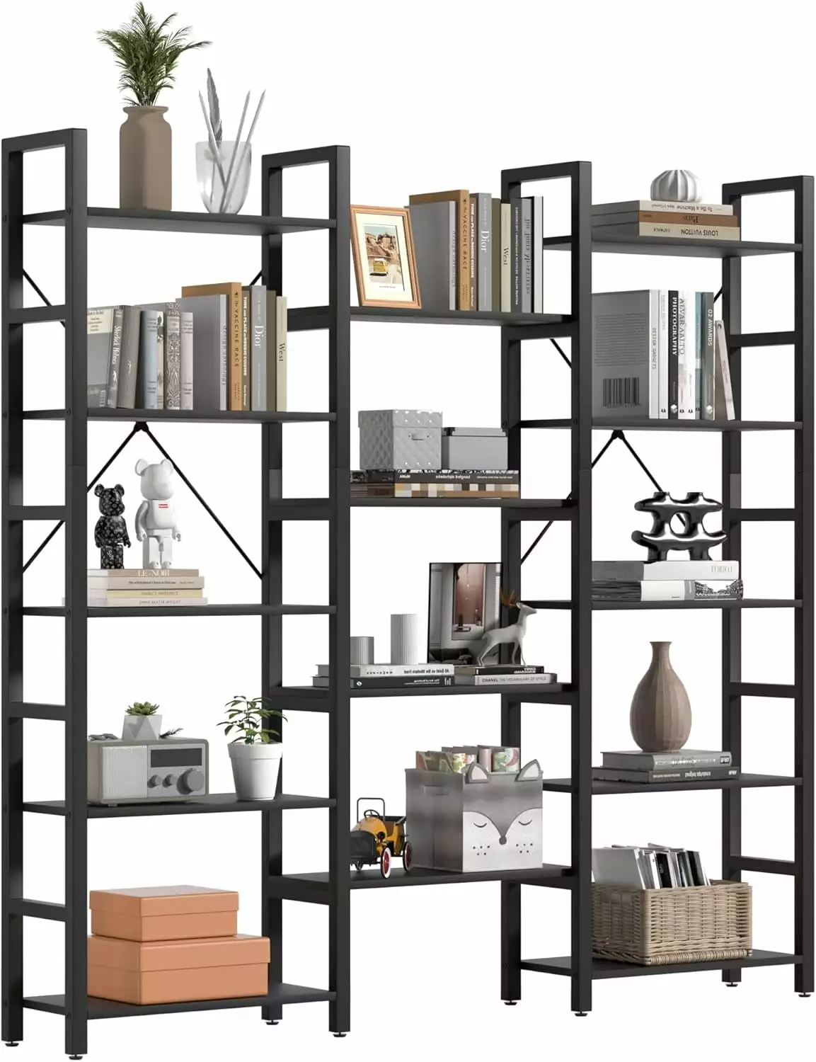 Triple Wide 5-Shelf Corner Bookcase Industrial Vintage Wood Style Home Office FJU