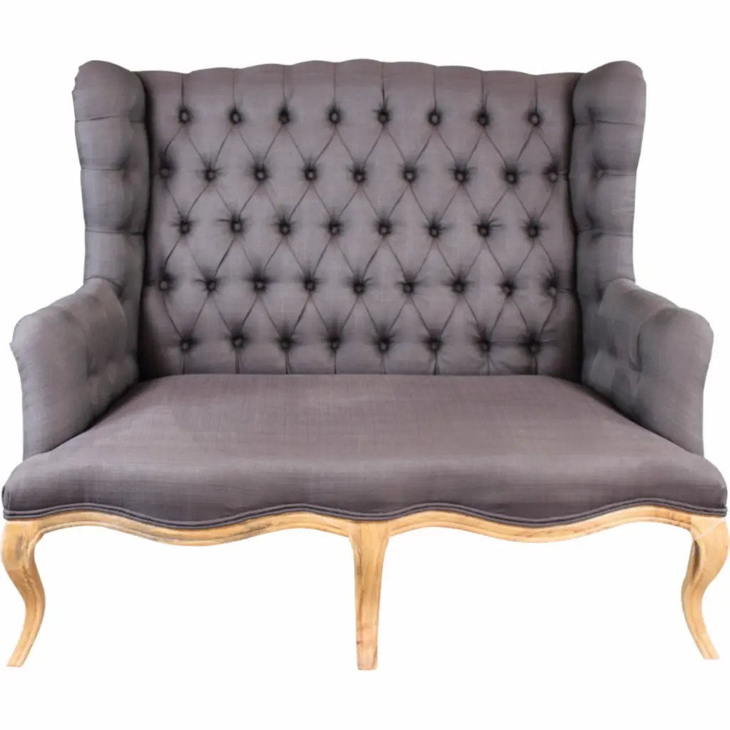 Fabric Upholstered Wooden Settee Button Tufted Wingback Design Gray and Brown Benzara