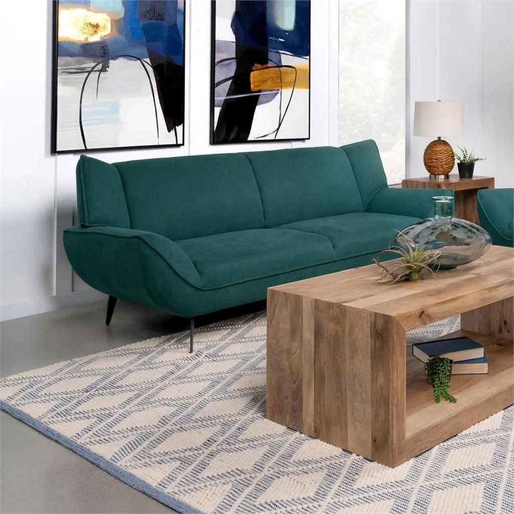 Pemberly Row Mid-Century Wing Back Sofa Teal Fabric Upholstered Design