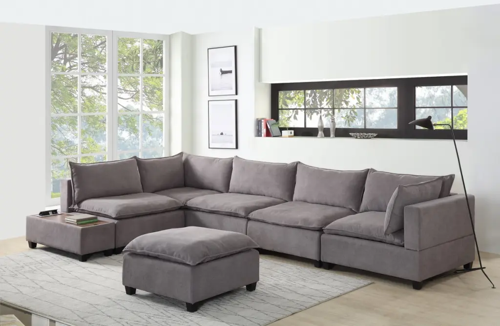 DeeHome Madison 157 Light Gray Fabric 7 Piece Modular Sectional Sofa Ottoman and USB Storage Console Table