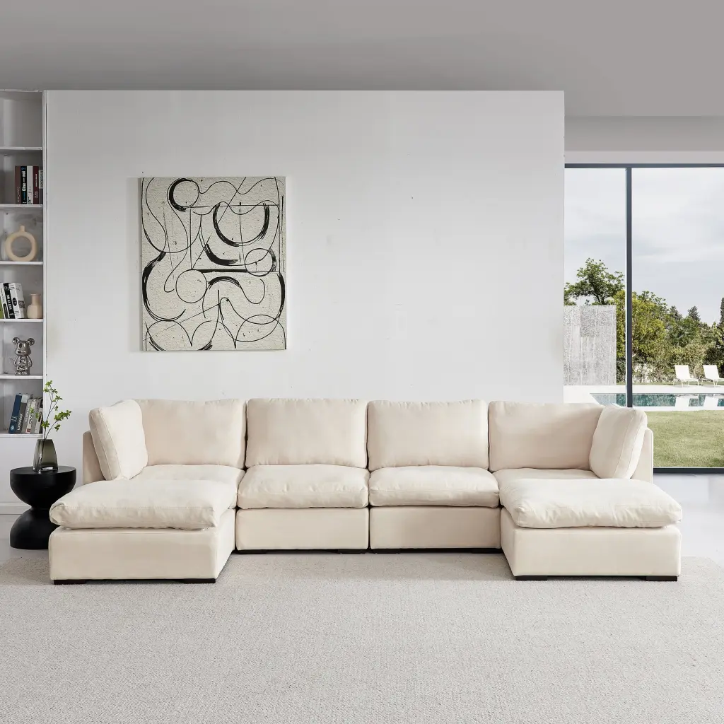 Modular Sofa Ottoman Filled Down Soft Linen Fabric Beige Simplie Fun