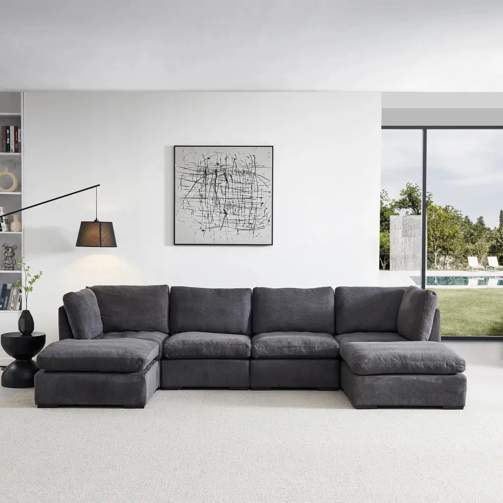 Modular Sofa Ottoman Filled Down Soft Linen Fabric Dark Grey unknown