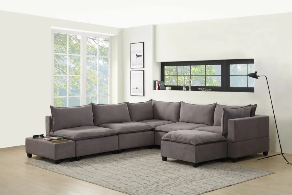 DeeHome Madison 131.5 Light Gray Fabric 7 Piece Modular Sectional Sofa Chaise USB Storage Console Table