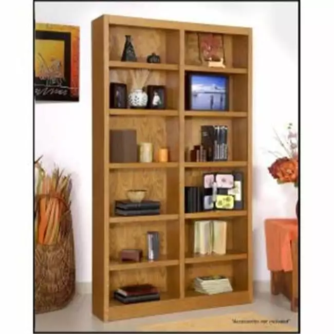 Double Wide Bookcase Dry Oak Finish 12 Shelves Convenience Concepts