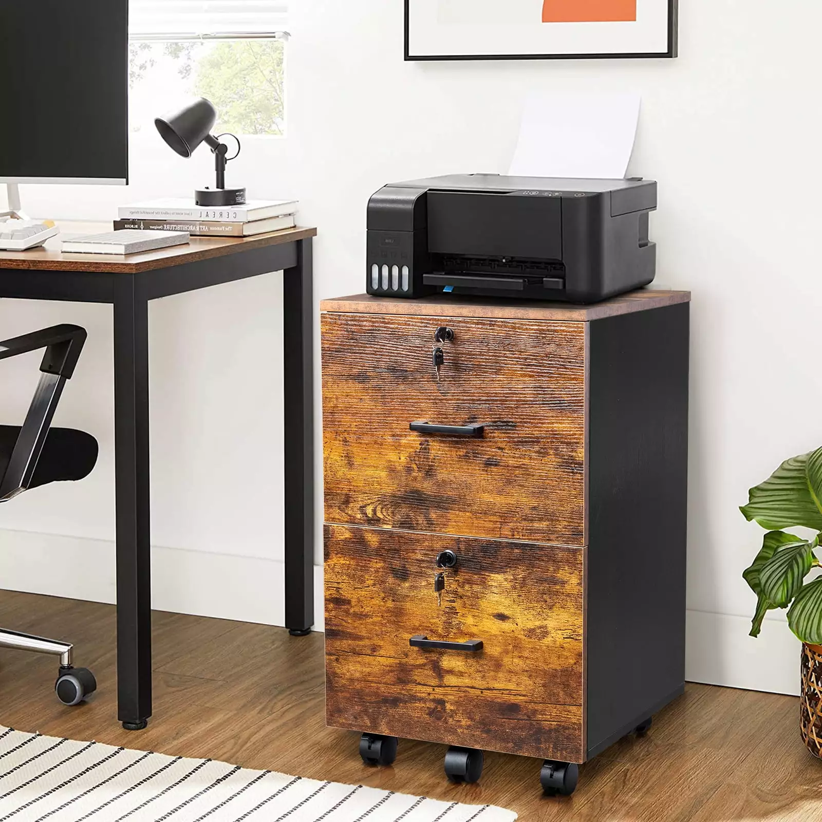 2 Drawer Rolling Wood File Cabinet Lock Brown and Black Mobile Storage Home Office ZJR-Home