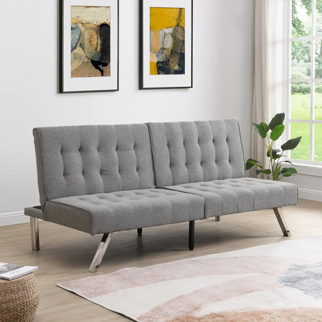 Wood Frame Stainless Leg Futon Sofa Bed Grey - Classic Sleeper Couch Jamini
