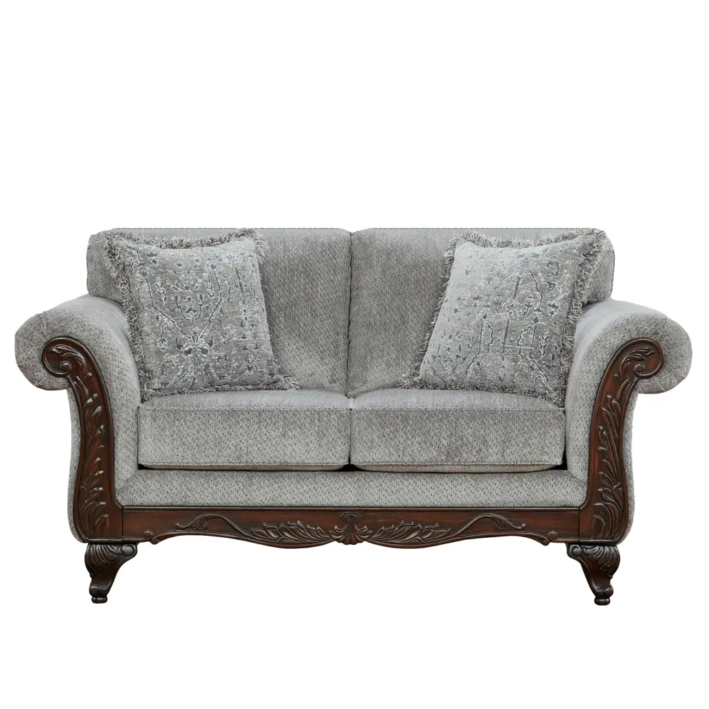Roundhill Furniture Hernen Gray Polyester Upholstery Carved Wood Loveseat