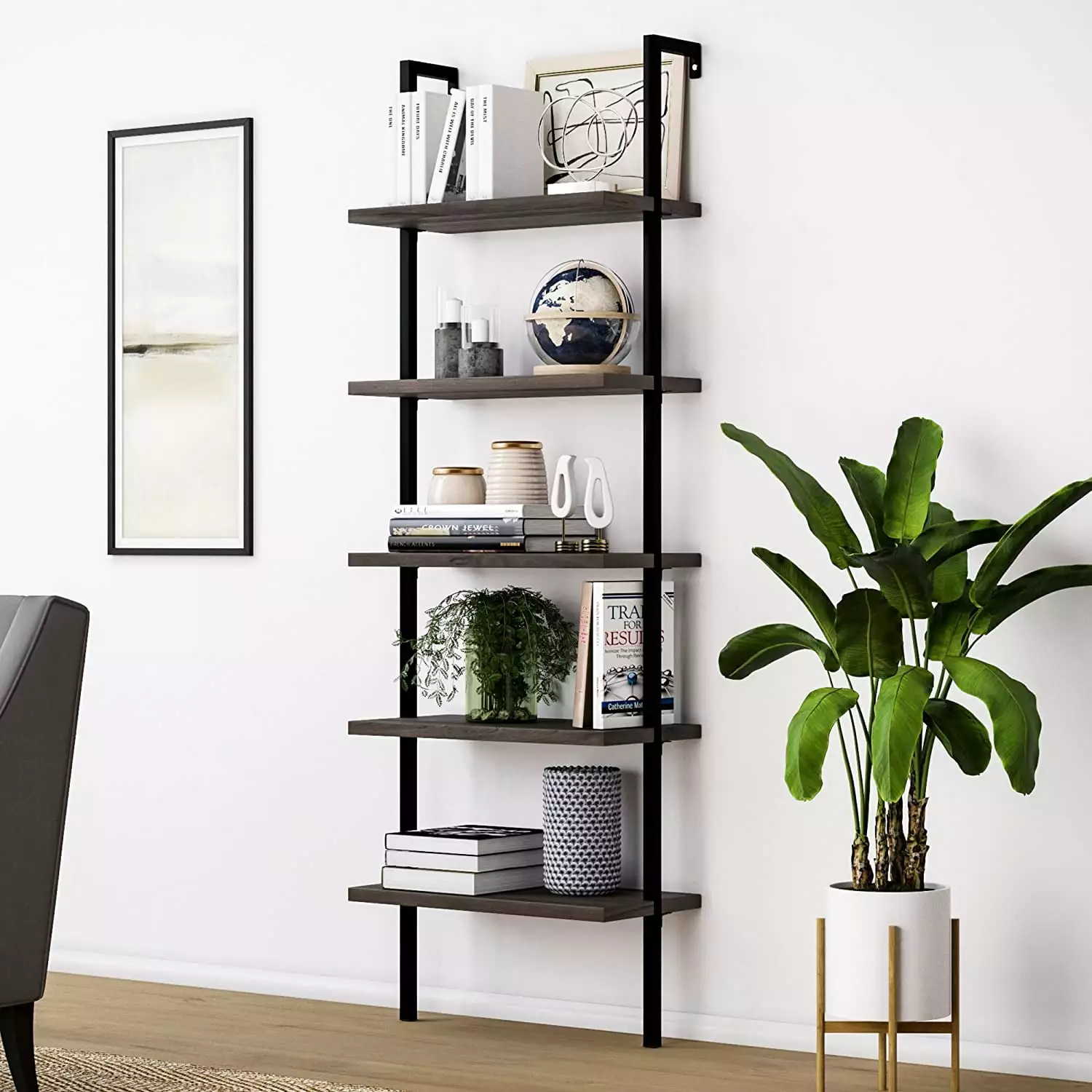 Kmowoo 5-Shelf Wood Ladder Bookcase Metal Frame Dark Walnut Modern Home
