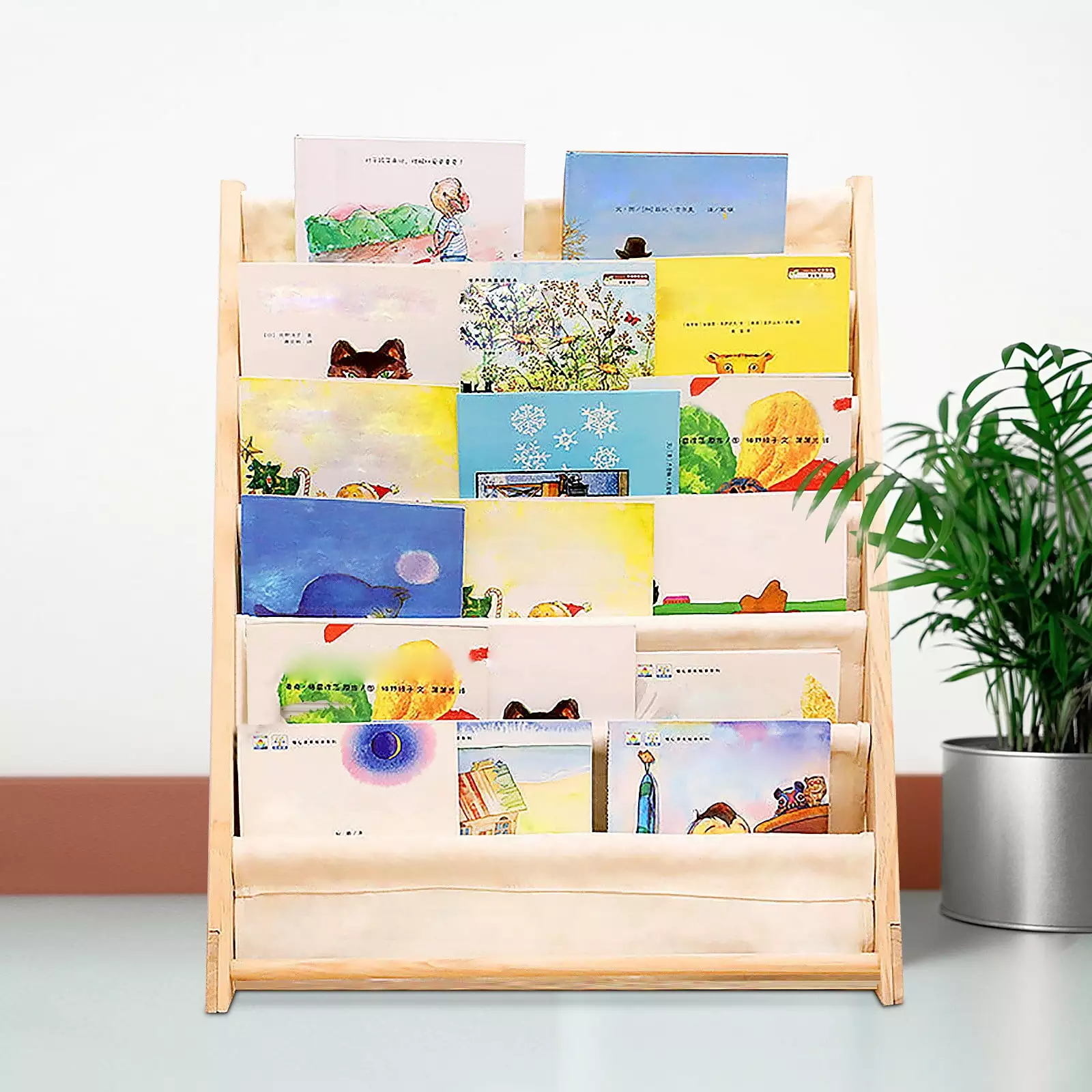 6 Tier Kids Bookshelf Wooden Children Bookcase Rack Books Toys Organization Kids Bedroom Books Storage Rack Beige TFCFL