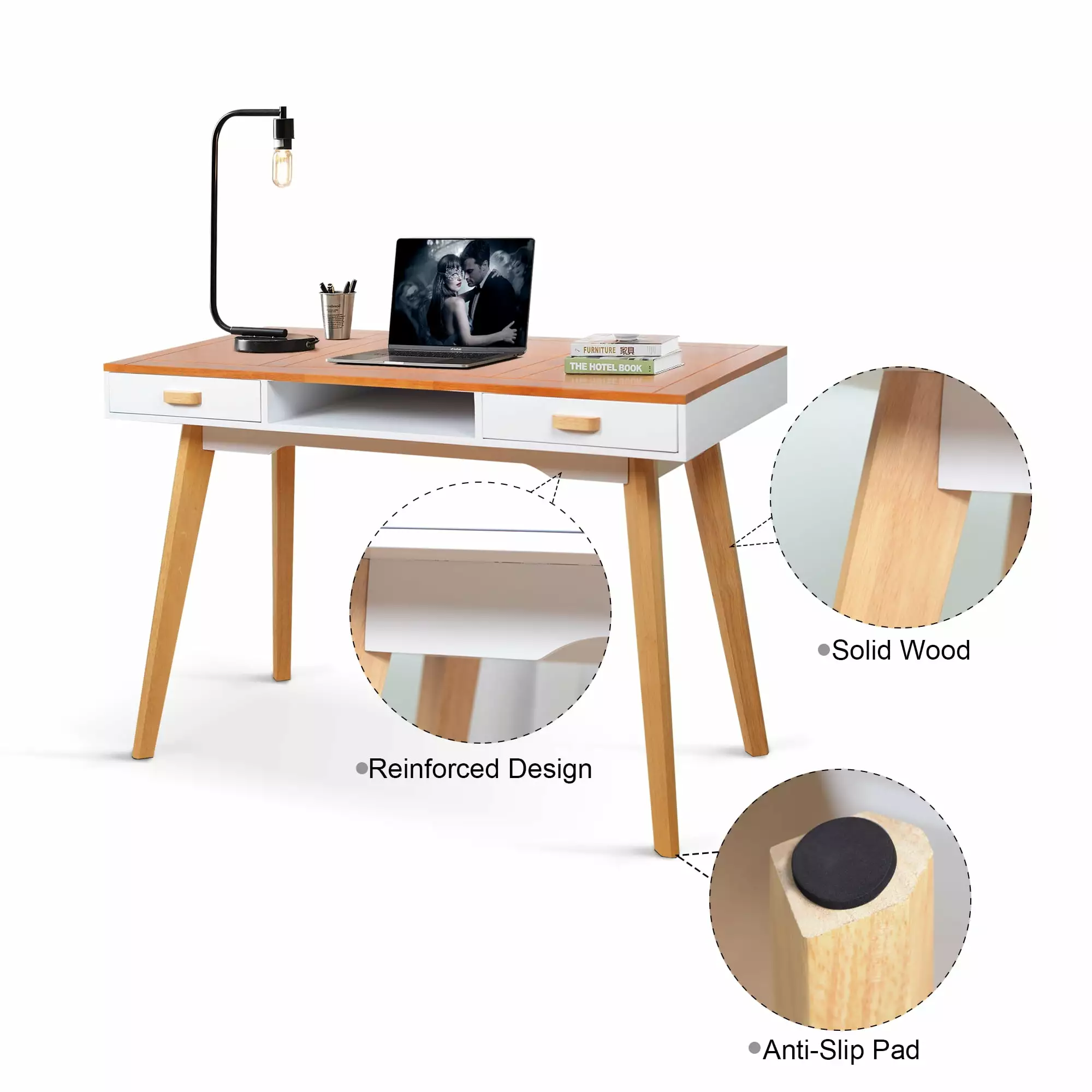 DeeHome Double Drawn Solid Wood Computer Desk Home Office