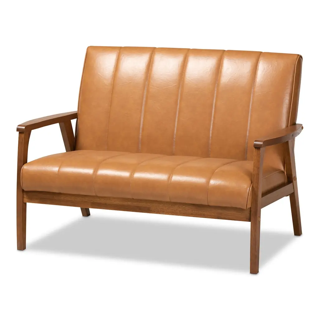 Baxton Studio NikkoTan Faux Leather and Walnut Brown Finished Wood Loveseat