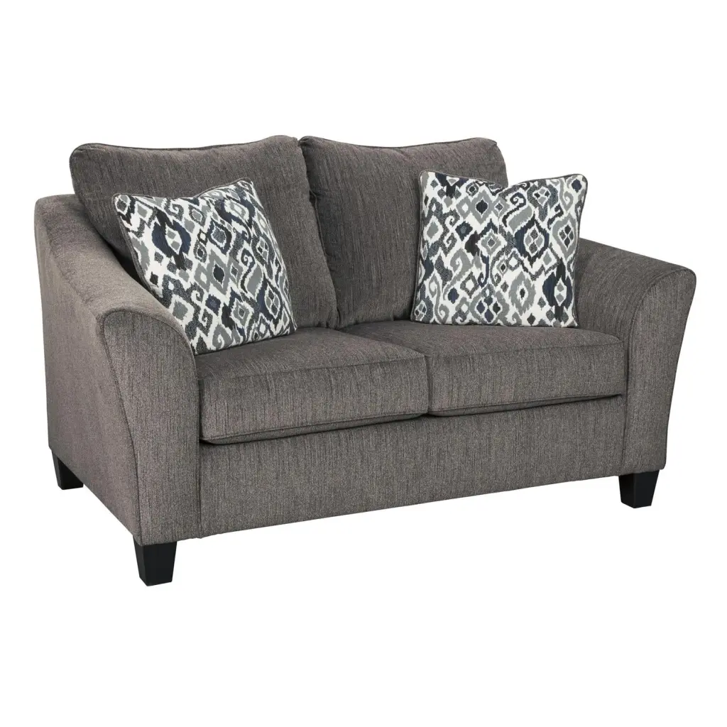 Benjara Fabric Upholstered Wooden Loveseat Flared Arms and Tapered Feet Gray
