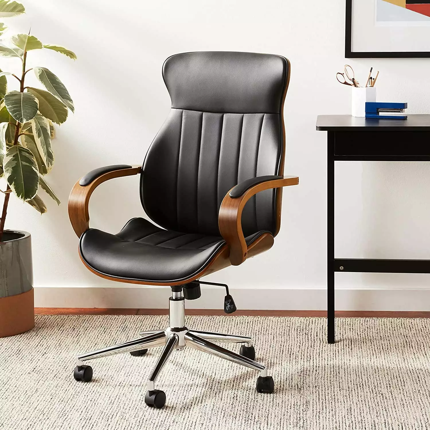 INO Design Contemporary Walnut Wood Executive Swivel Ergonomic Office Chair Bentwood Mid Back Desk Chair Black