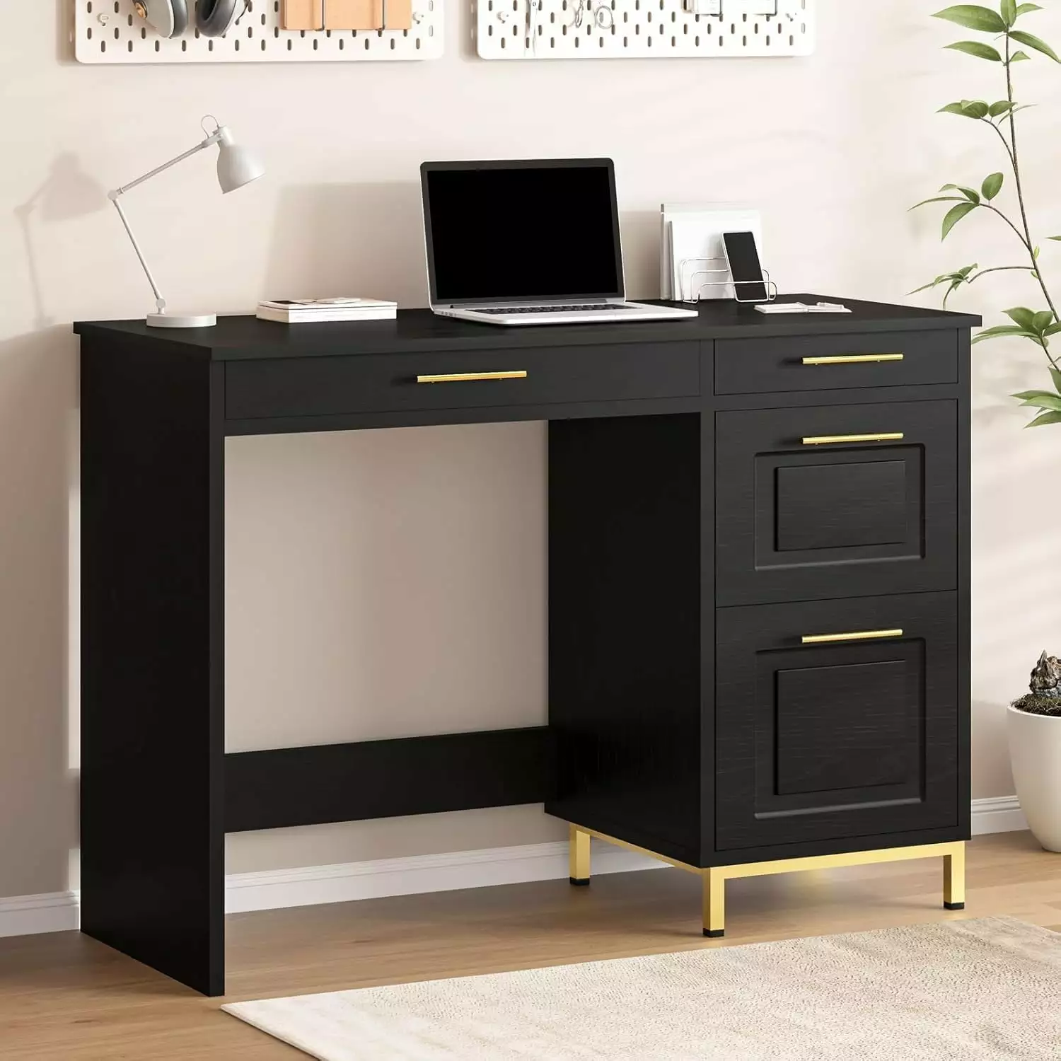 Computer Desk 4 Drawers 43 Inch Home Office Desk Golden Handle Black and Gold Study Writing Table B&B Charcoal