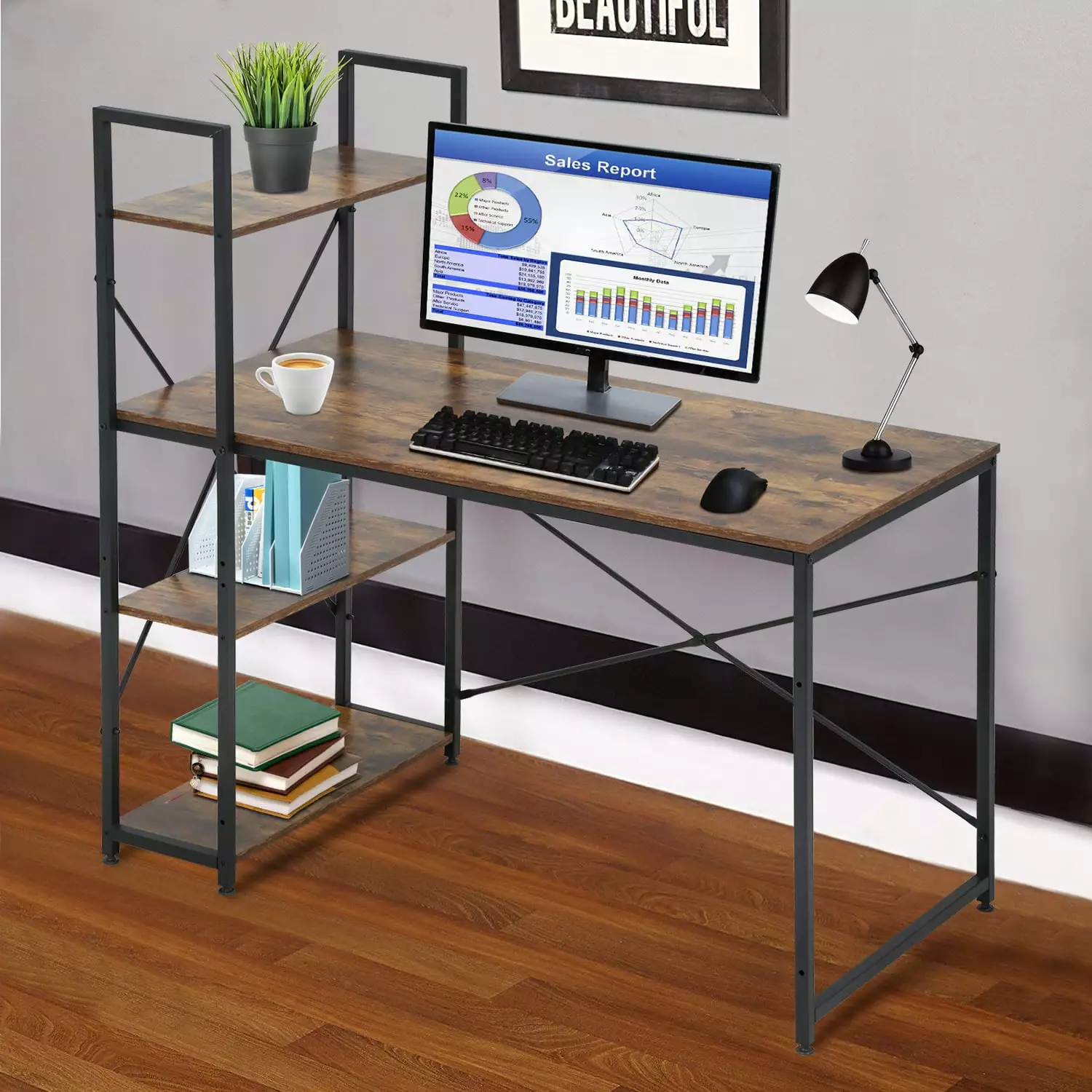 47.2 Inch Computer Desk Bookshelf Vintage Writing Table Home Office Desk BestOffice