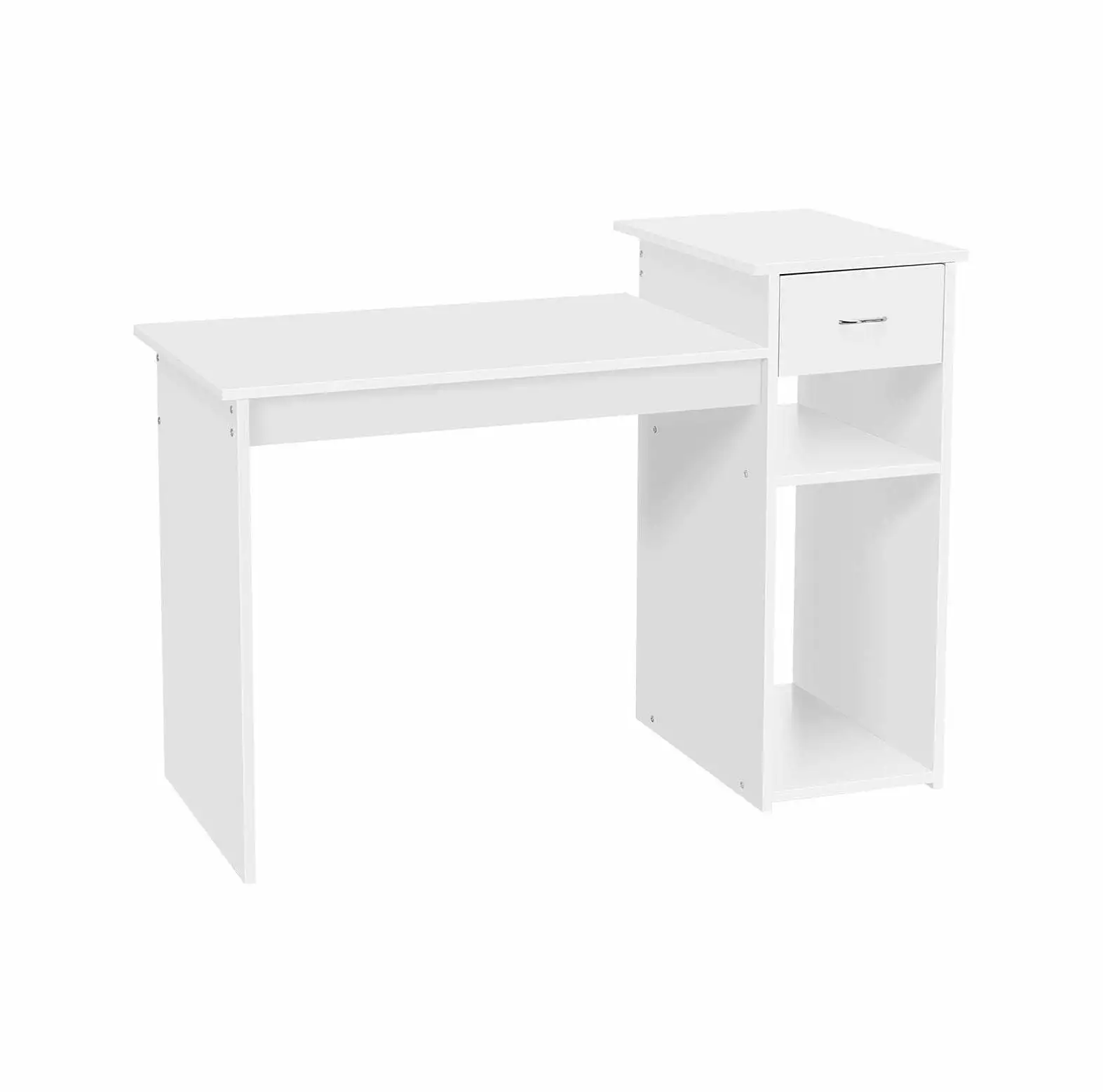 BULYAXIA Small White Computer Desk Drawers and Printer Shelves Wood Study Writing Table Compact Workstation
