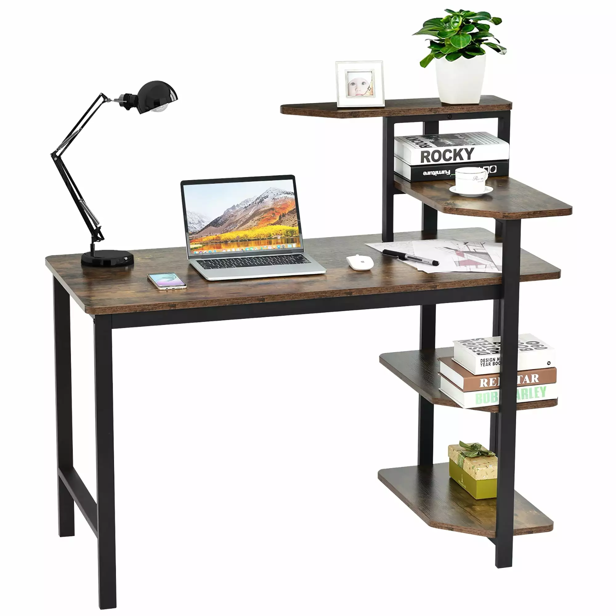Costway Computer Desk Writing Study Table Storage Shelves Home Office Rustic Brown