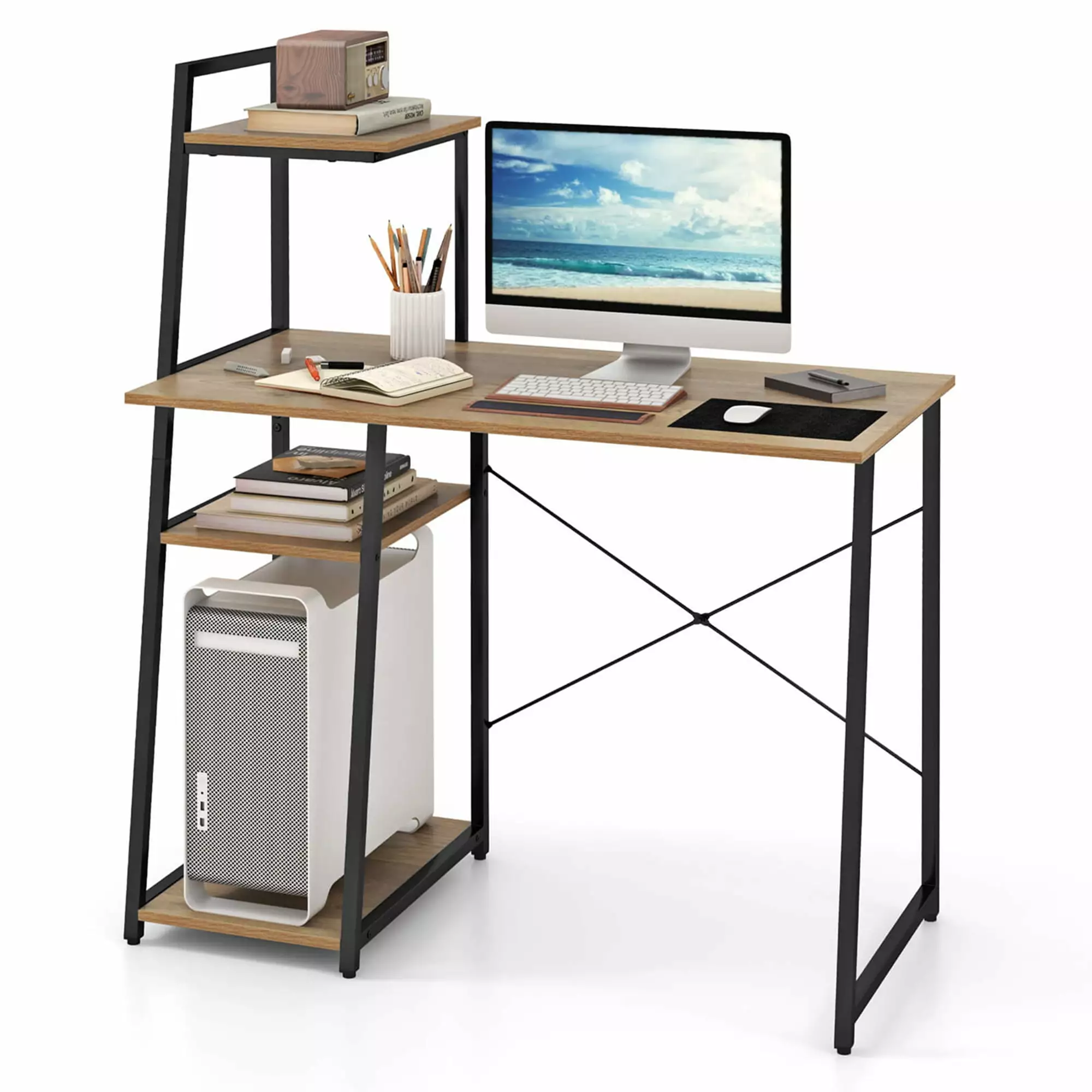 Costway Home Office Desk Bookshelf Host Stand Metal Frame Study Writing Desk