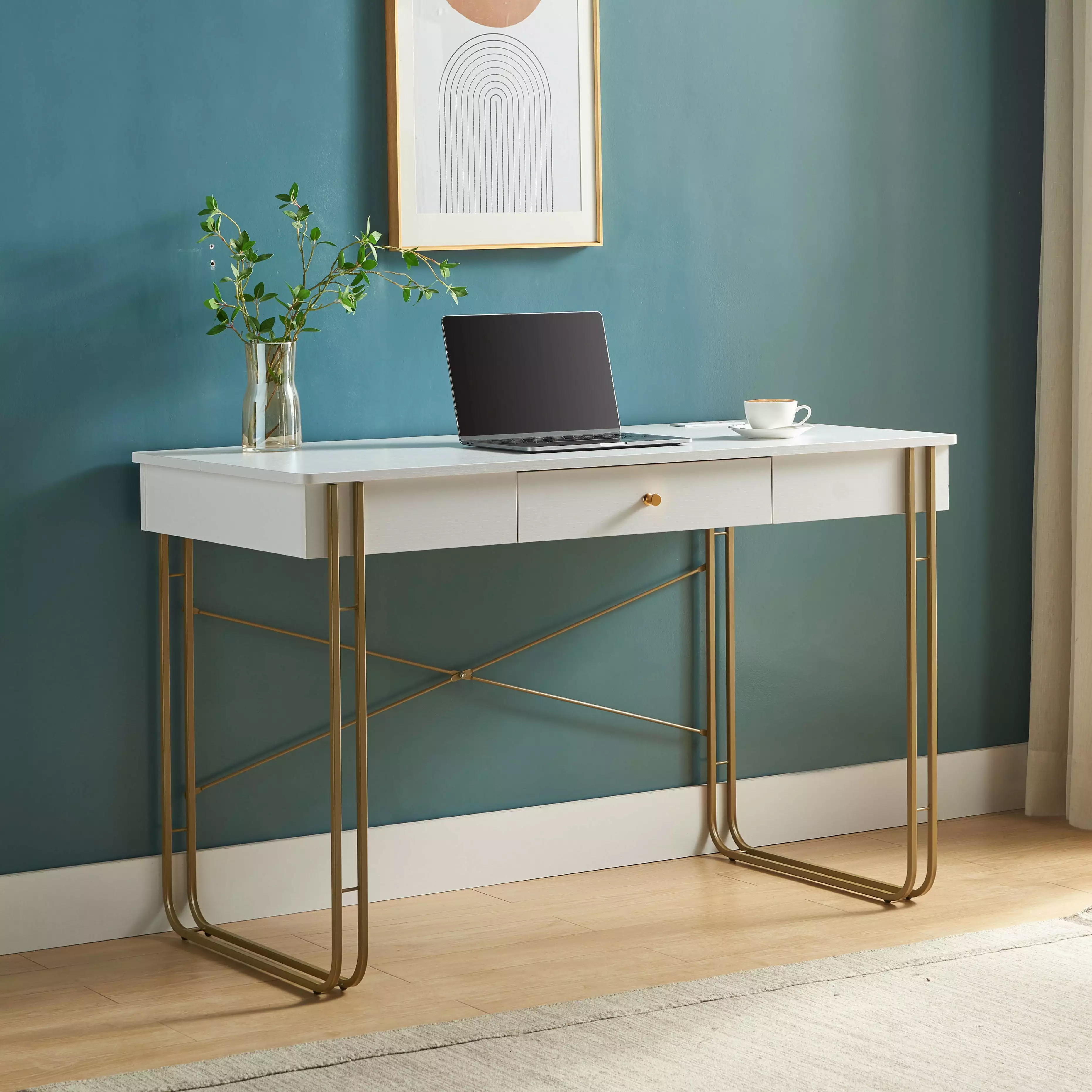1 Drawer USB Port Charger White Gold Metal Base Office Computer Writing Desk DJ Corp Design