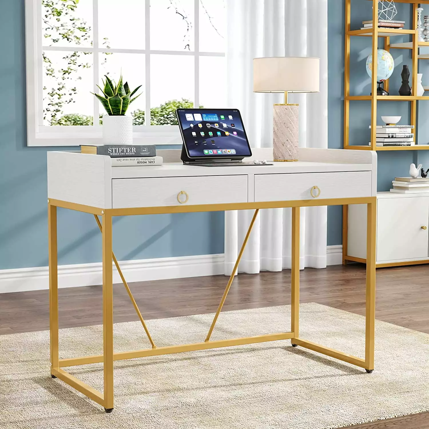 FJU White Gold Computer Desk 2 Drawers Modern Simple Study Writing Desks Storage Makeup Vanity Desk