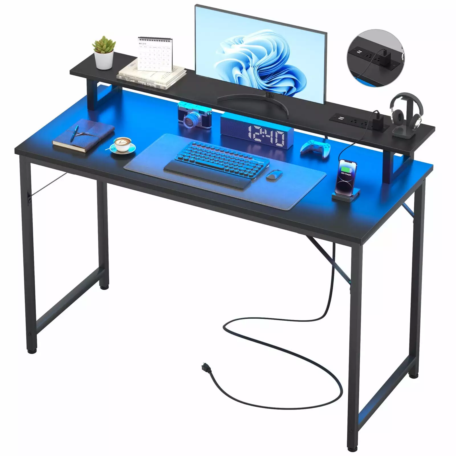 47 Writing Desk Home Office Computer Gaming Desk LED and Outlets Homieasy