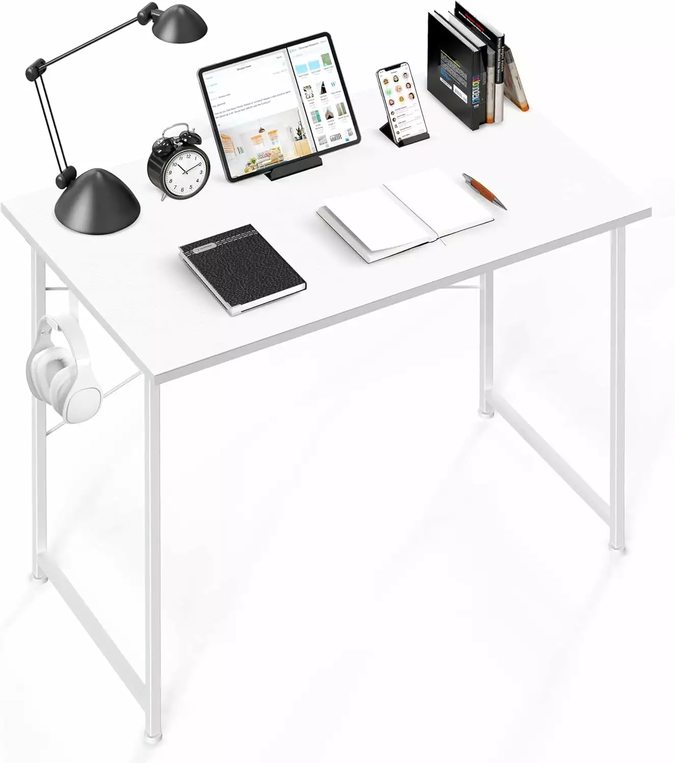 Modern Small Space Writing Desk Headphone Hooks Study Home Office and Children's Room 40 Inch Basic White kk