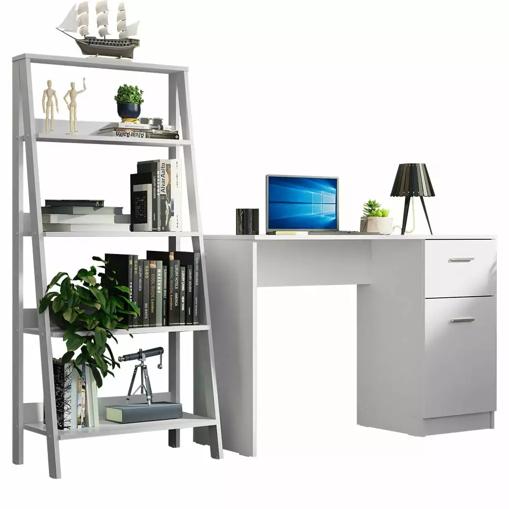 Madesa Compact Desk 43 Inch Ladder Shelf Standing Bookcase White