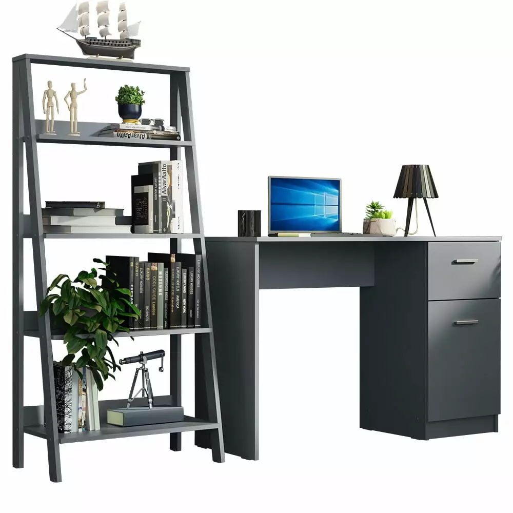 Madesa Compact Desk 43 Inch Ladder Shelf Standing Bookcase Gray