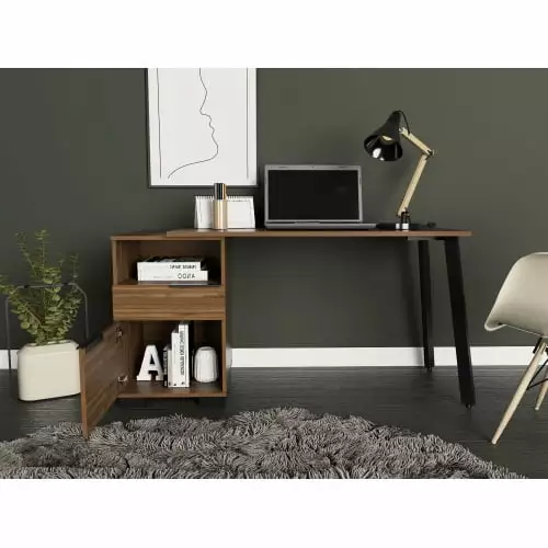 Computer Desk File Drawer Cabinet Study Writing Table Modern Home Office Workstation Wood Metal Frame Brown Triple Tree