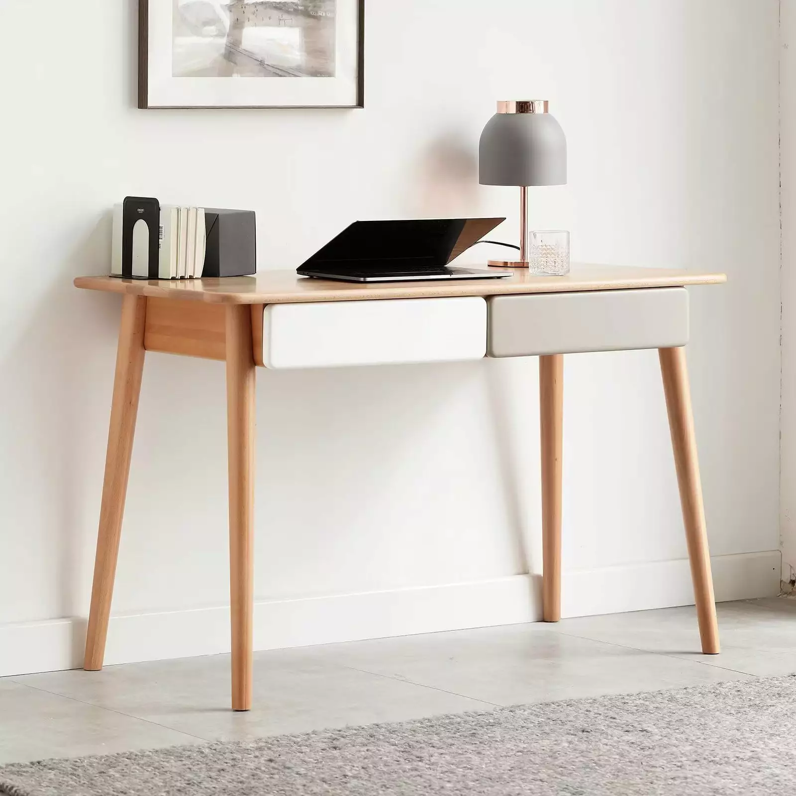 Computer Desk Home Office Writing Desk 2 Drawers and 4 Solid Legs Modern Solid Wood Writing Desk Gap Design Living Room Be...