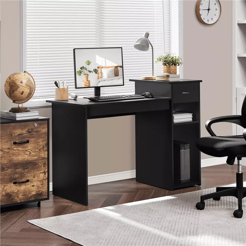 Yaheetech Computer Desk Drawers and Storage Shelves Black Home Office Writing Table
