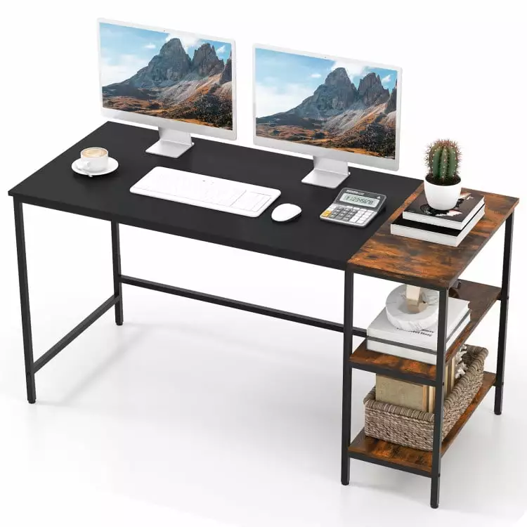 Yardi Yard 55 Inch Modern Industrial Black Study Writing Desk 2 Storage Shelves Gaming